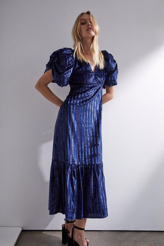 Warehouse Stripe Velvet V Neck Tiered Midi Dress 1