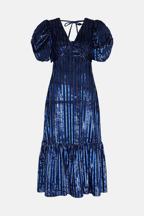 Warehouse Stripe Velvet V Neck Tiered Midi Dress 4