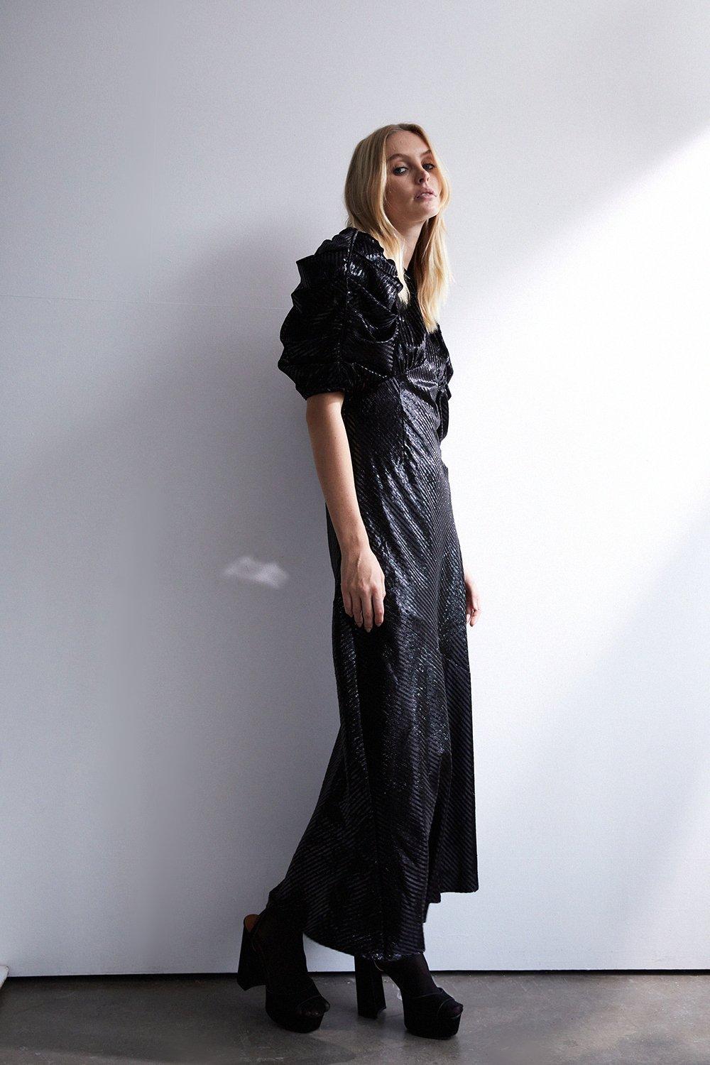 Womens Stripe Velvet Bias Cut Maxi Dress - black