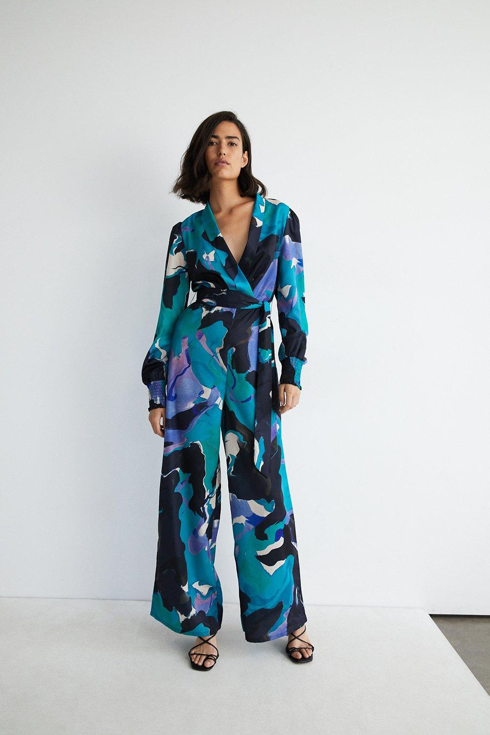 Jumpsuits | Abstract Print Wrap Front Wide Leg Jumpsuit | Warehouse