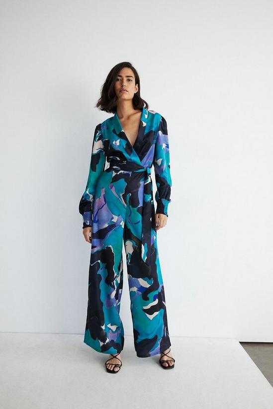 Warehouse Abstract Print Wrap Front Wide Leg Jumpsuit 1