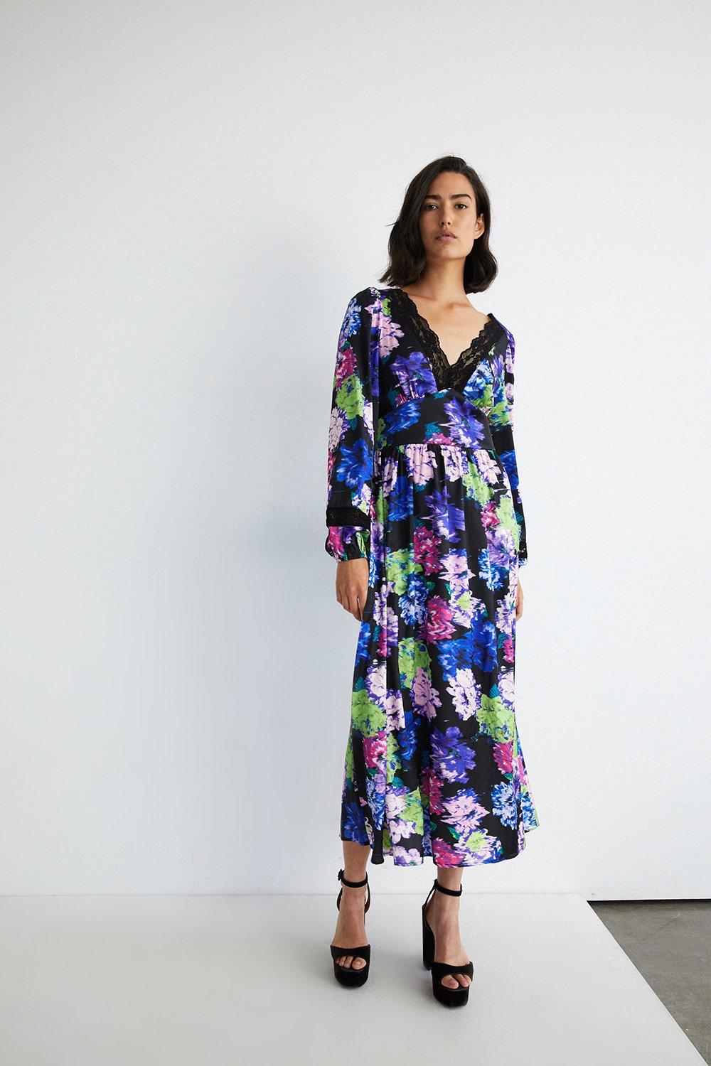 Womens Lace Insert Floral Print Midi Dress - multi