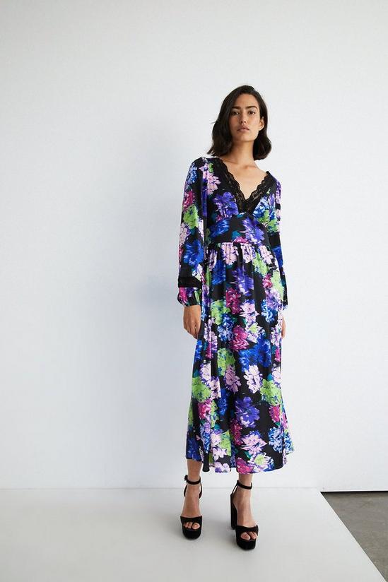 Warehouse Lace Insert Floral Print Midi Dress 1