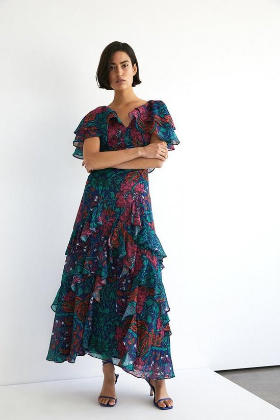Warehouse WH x William Morris Society Sparkle Ruffled Midi Dress 1