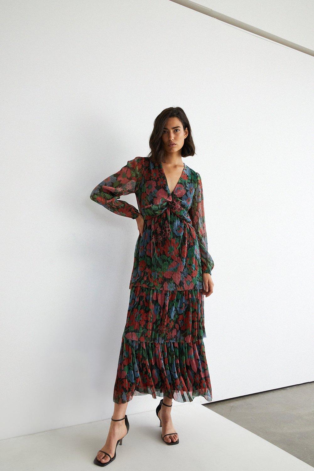Womens Floral Metallic Plisse Tiered Twist Midi Dress - multi