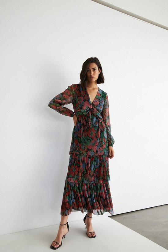 Warehouse Floral Metallic Plisse Tiered Twist Midi Dress 1