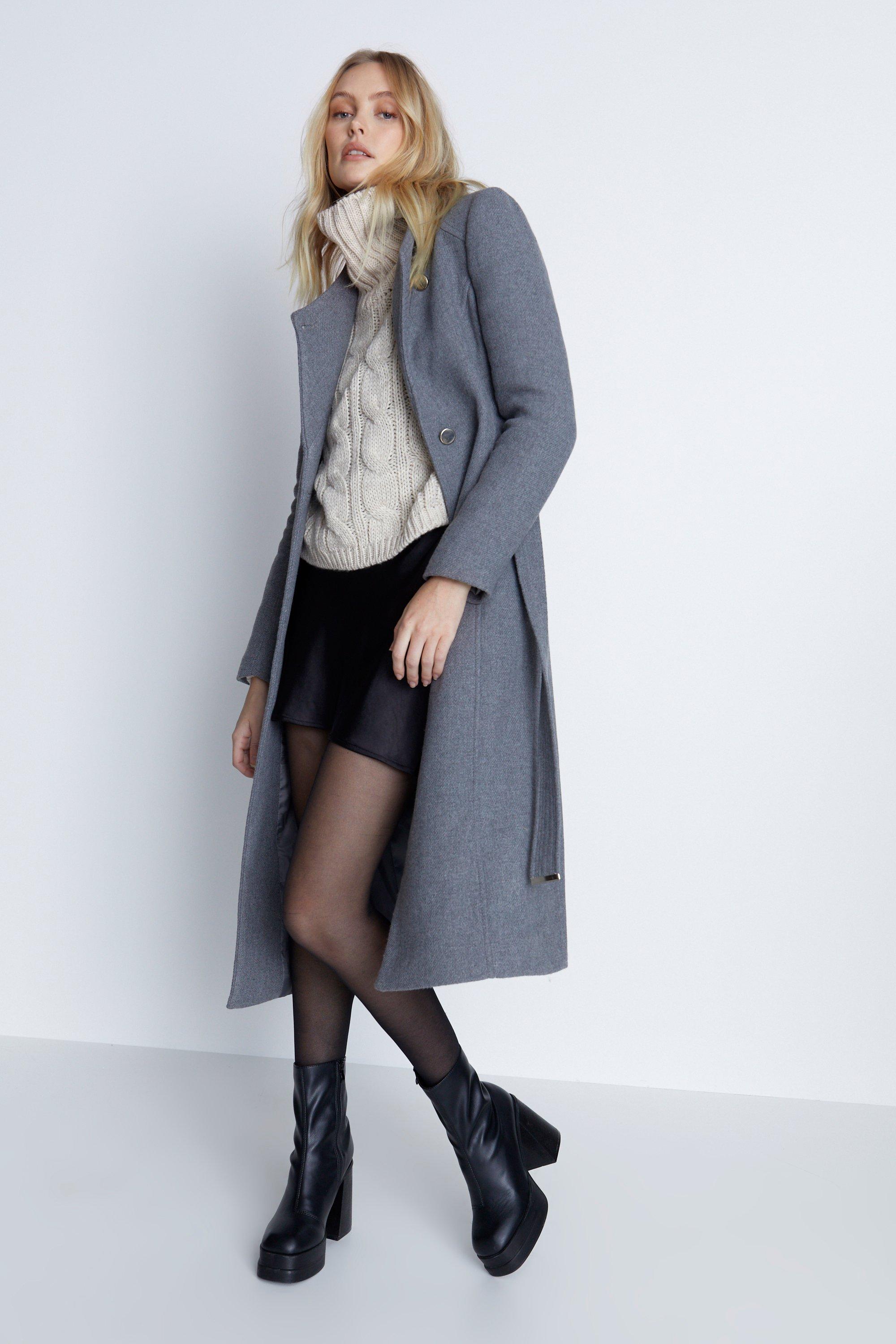 Womens Italian Wool Blend Long Line Wrap Coat - grey