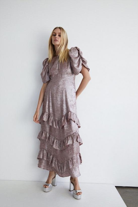 Warehouse Lame Ruched Sleeve Tired Maxi Dress 1