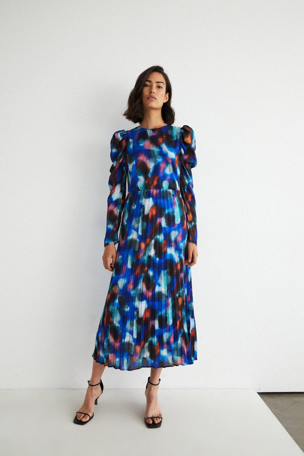Womens Abstract Pleated Puff Sleeve Maxi Dress - blue