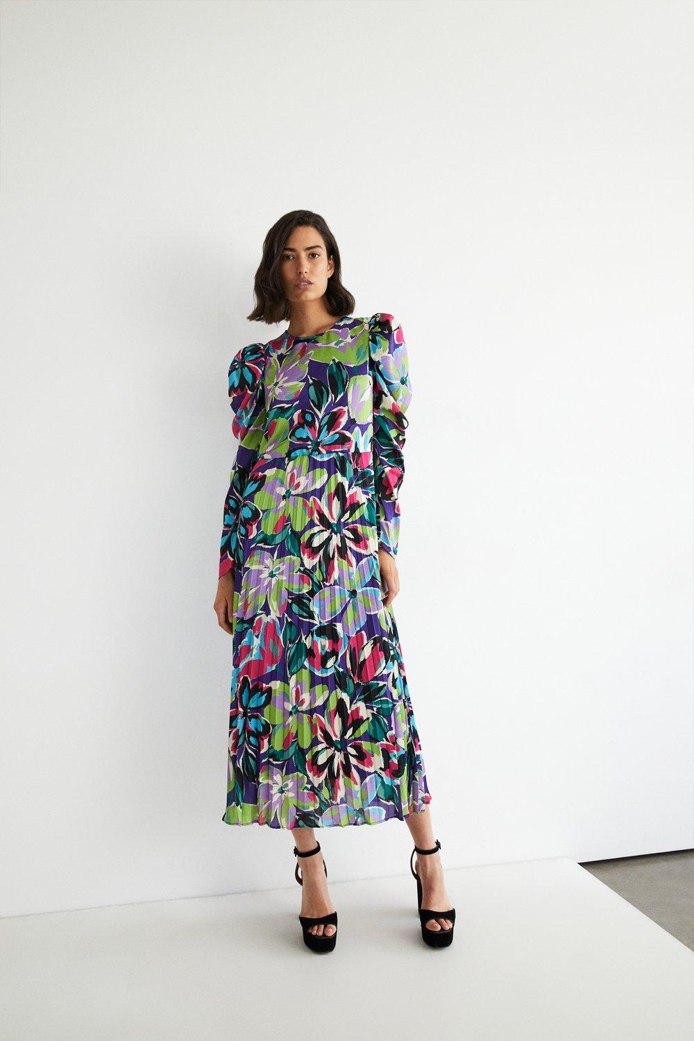Womens Floral Pleated Puff Sleeve Maxi Dress - multi