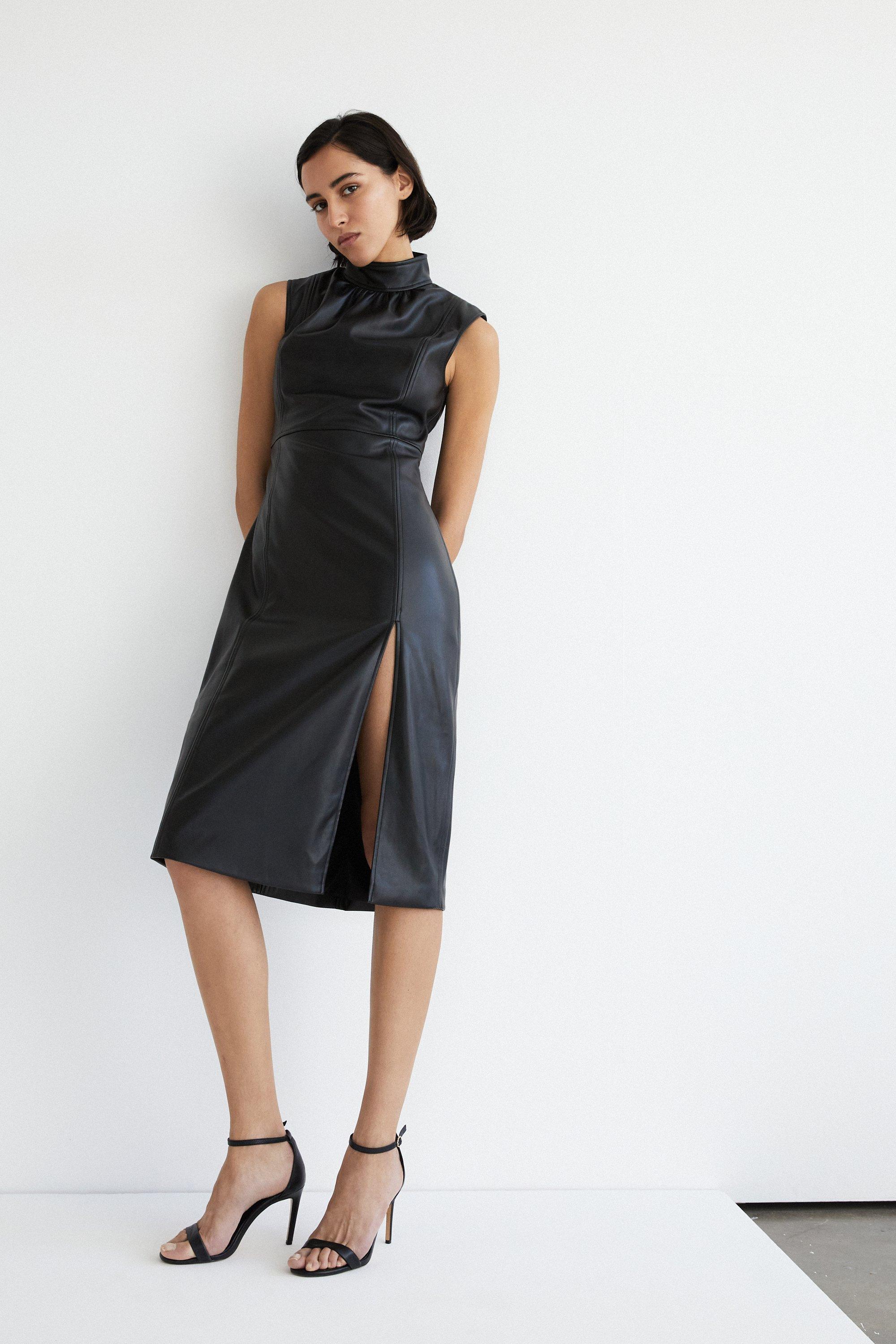 Womens High Neck Ruched Detail Pu Midi Dress - black