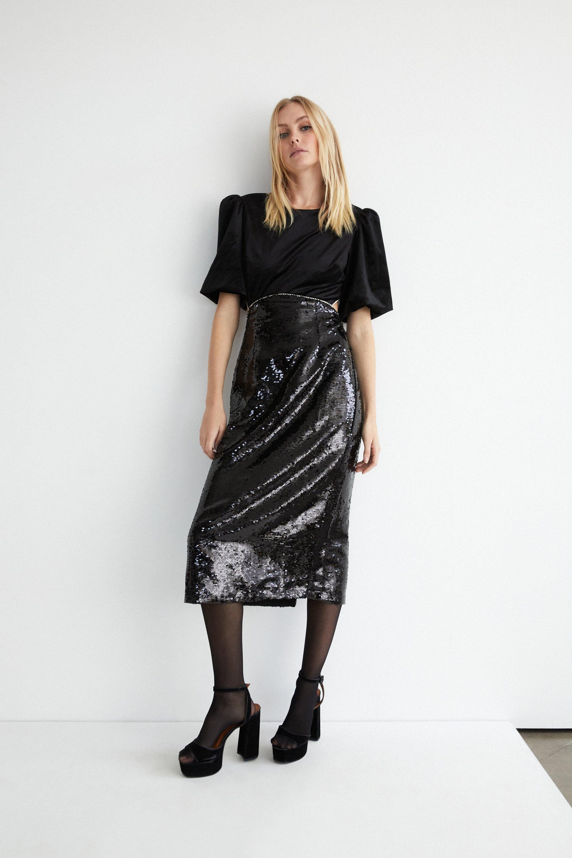 Womens Puff Sleeve Velvet & Sequin Pencil Dress - black