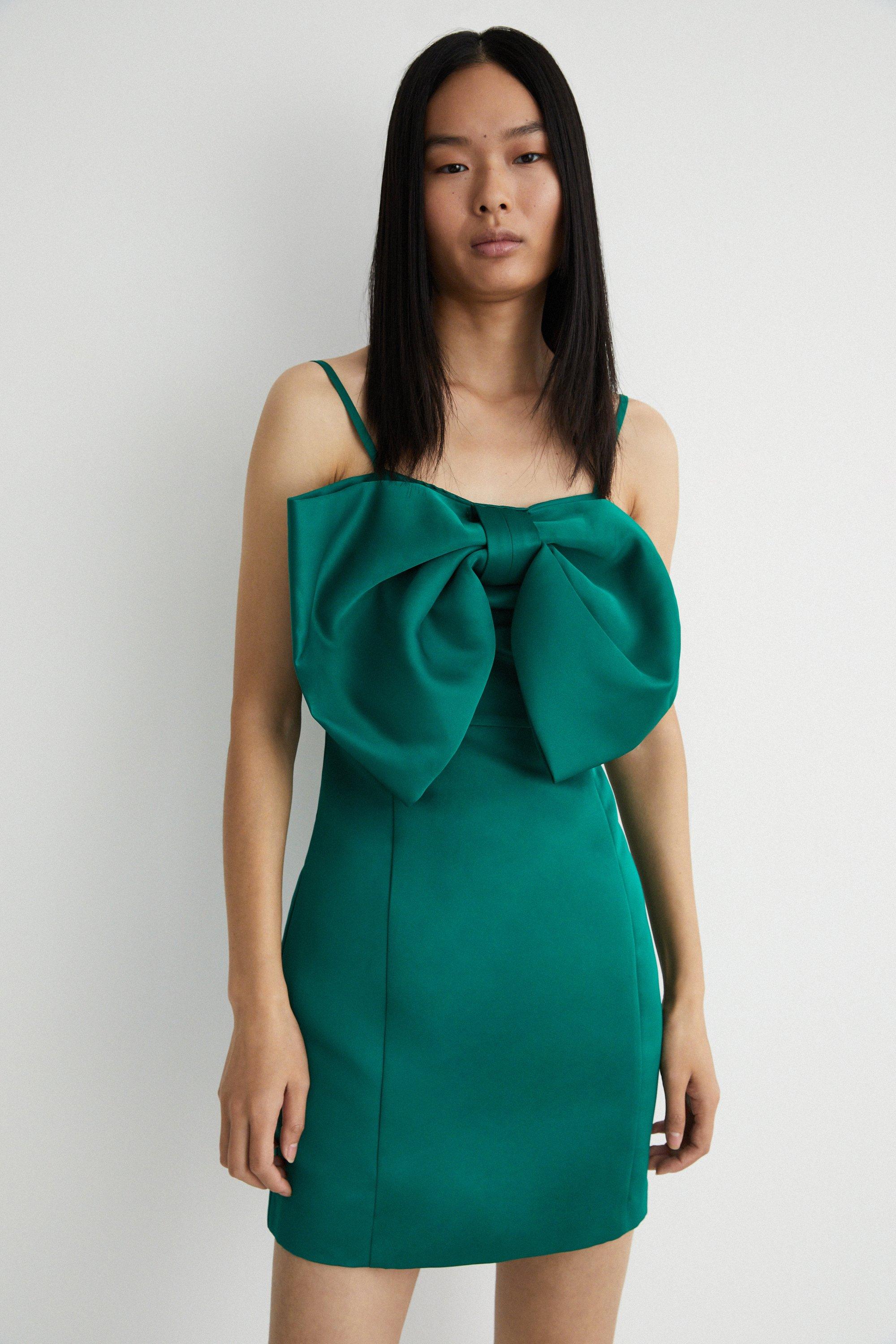 Womens Satin Bow Detail Mini Dress - green
