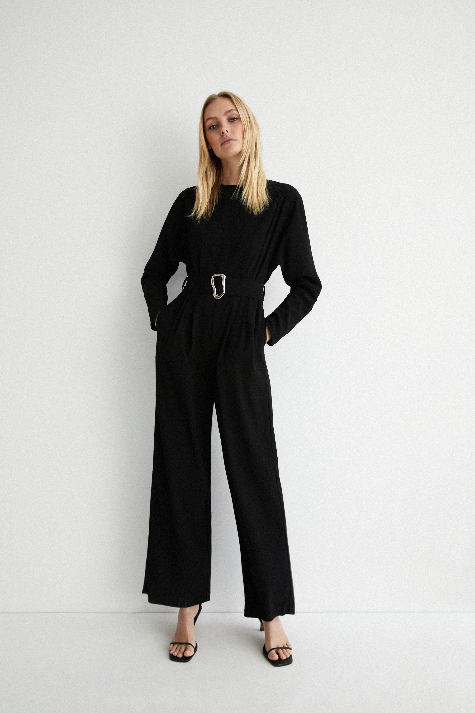 Womens Relaxed Sleeve Belted Jumpsuit - black