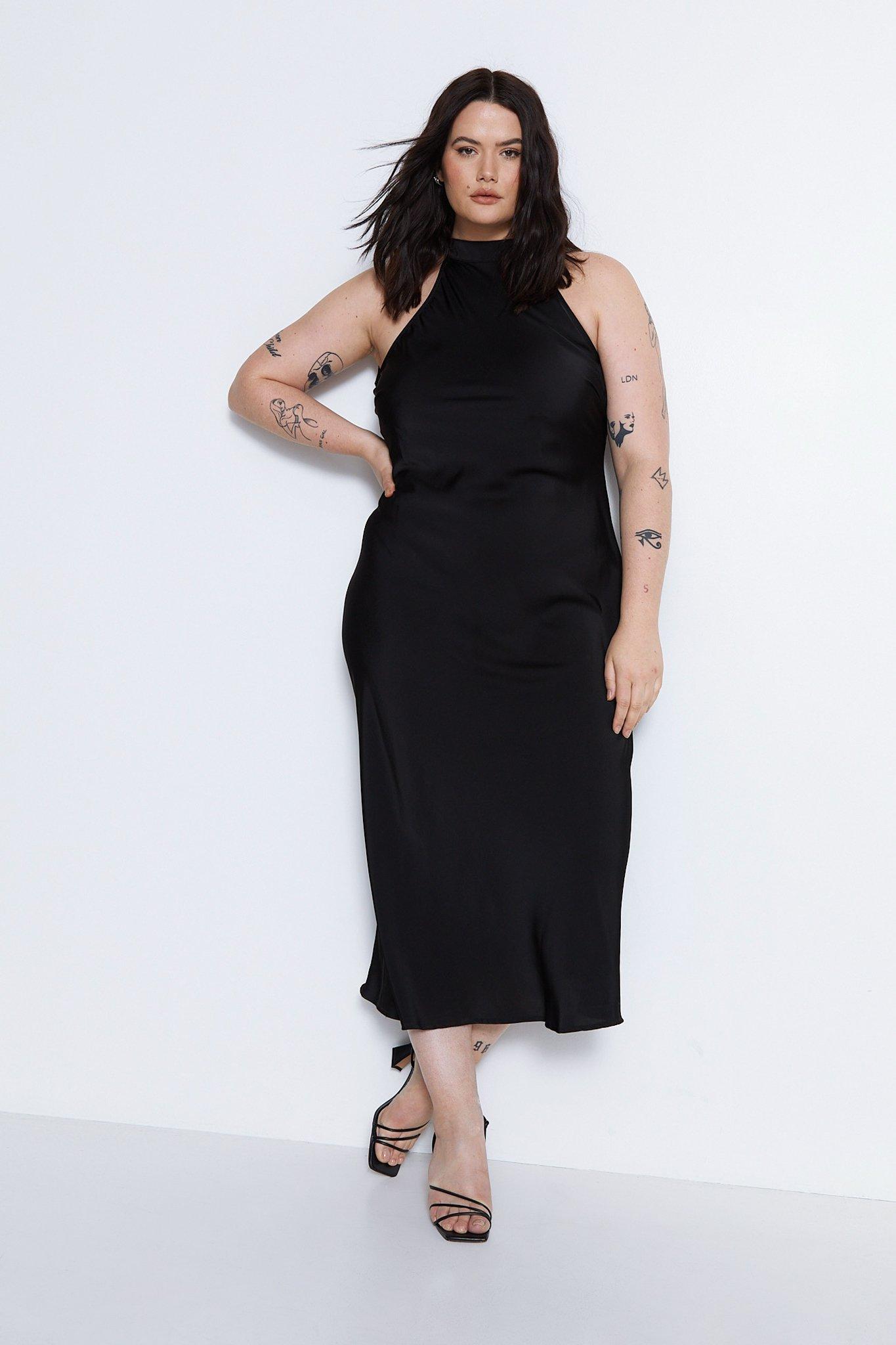 Womens Plus Size Satin Halter Neck Backless Slip Dress - black