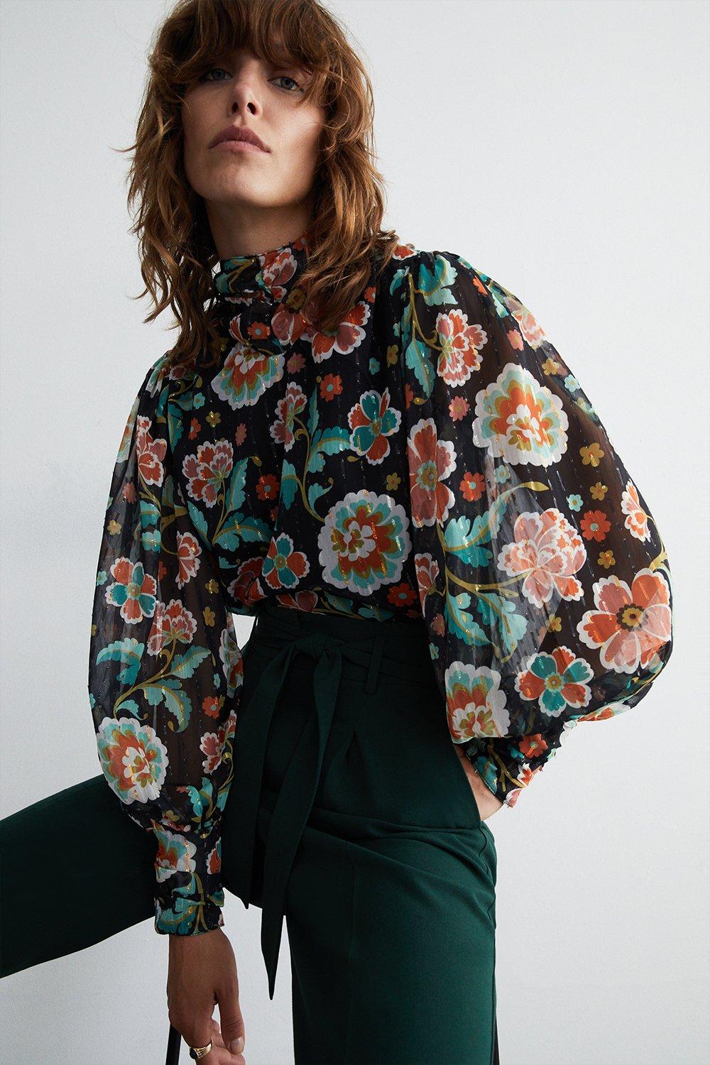 Tops | Floral Foil High Neck Blouse | Warehouse