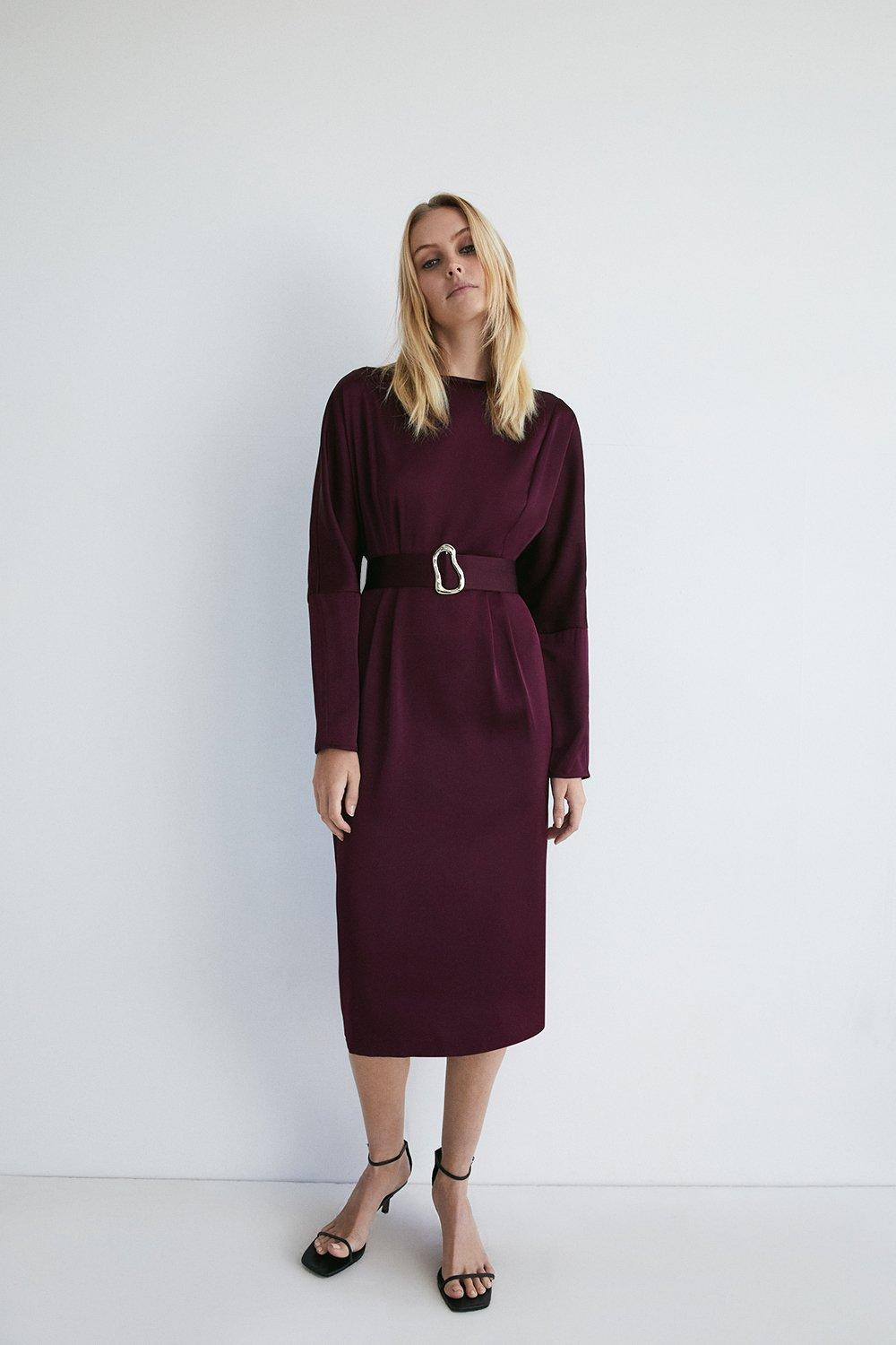 Womens Relaxed Sleeve Satin Soft Shift Dress - berry