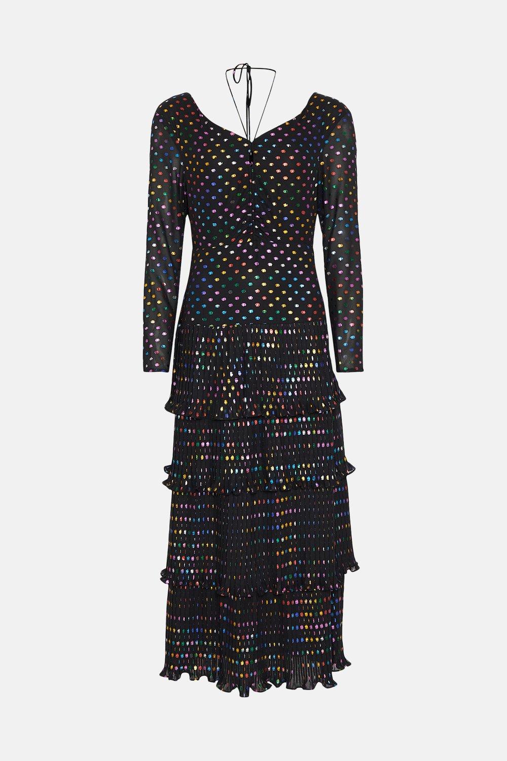 Dresses Rainbow Foil Spot Pleated Tiered Midi Dress Warehouse