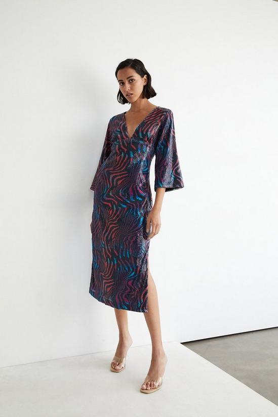 Warehouse Animal Printed Sequin Flare Sleeve Midi Dress 1