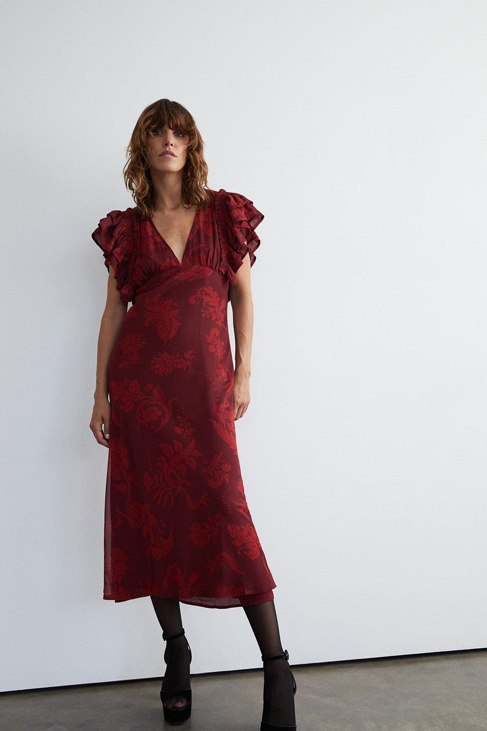 Womens Ruffle Maxi Dress In Floral - red