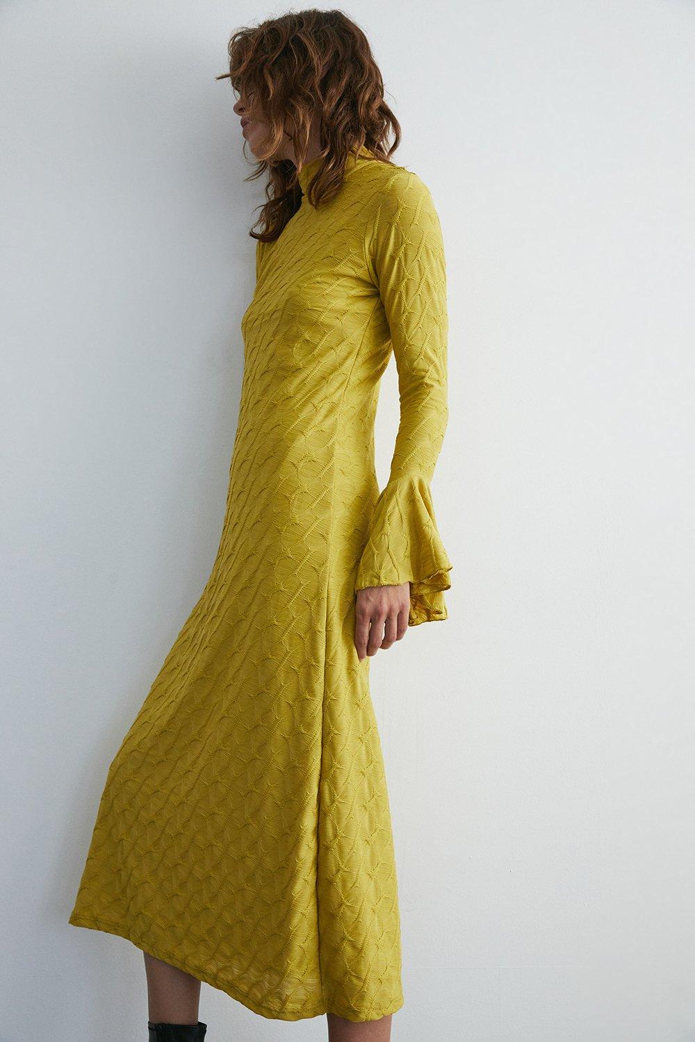 Womens Textured Jersey Flute Sleeve Funnel Midi Dress - ochre
