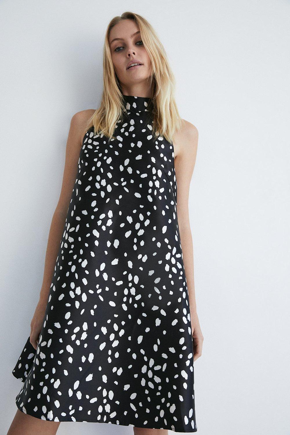 Womens Dalmatian Print Satin Twill Bow Back A Line Mini Dress - black