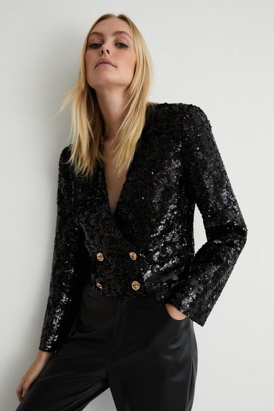 Warehouse Cropped Sequin Tweed Double Breasted Jacket 3
