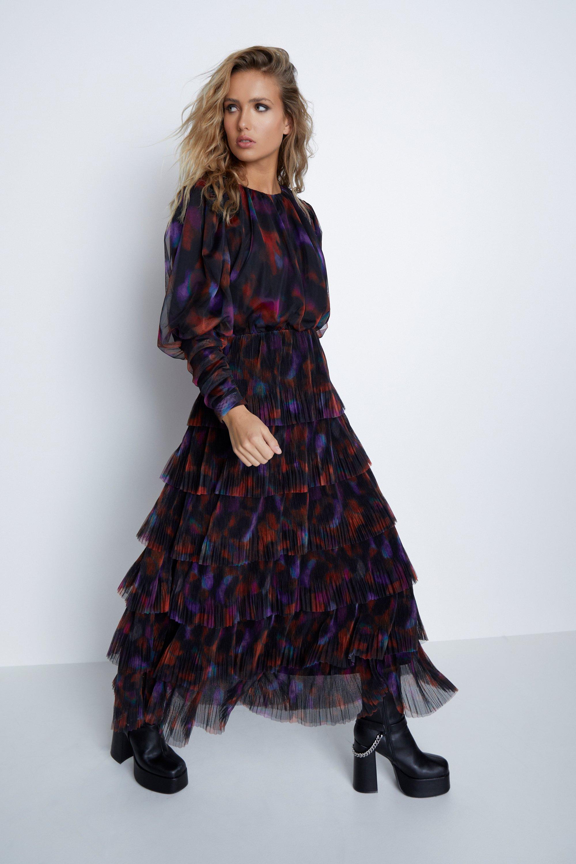 Womens Floral Print Tiered Tulle Dress - multi