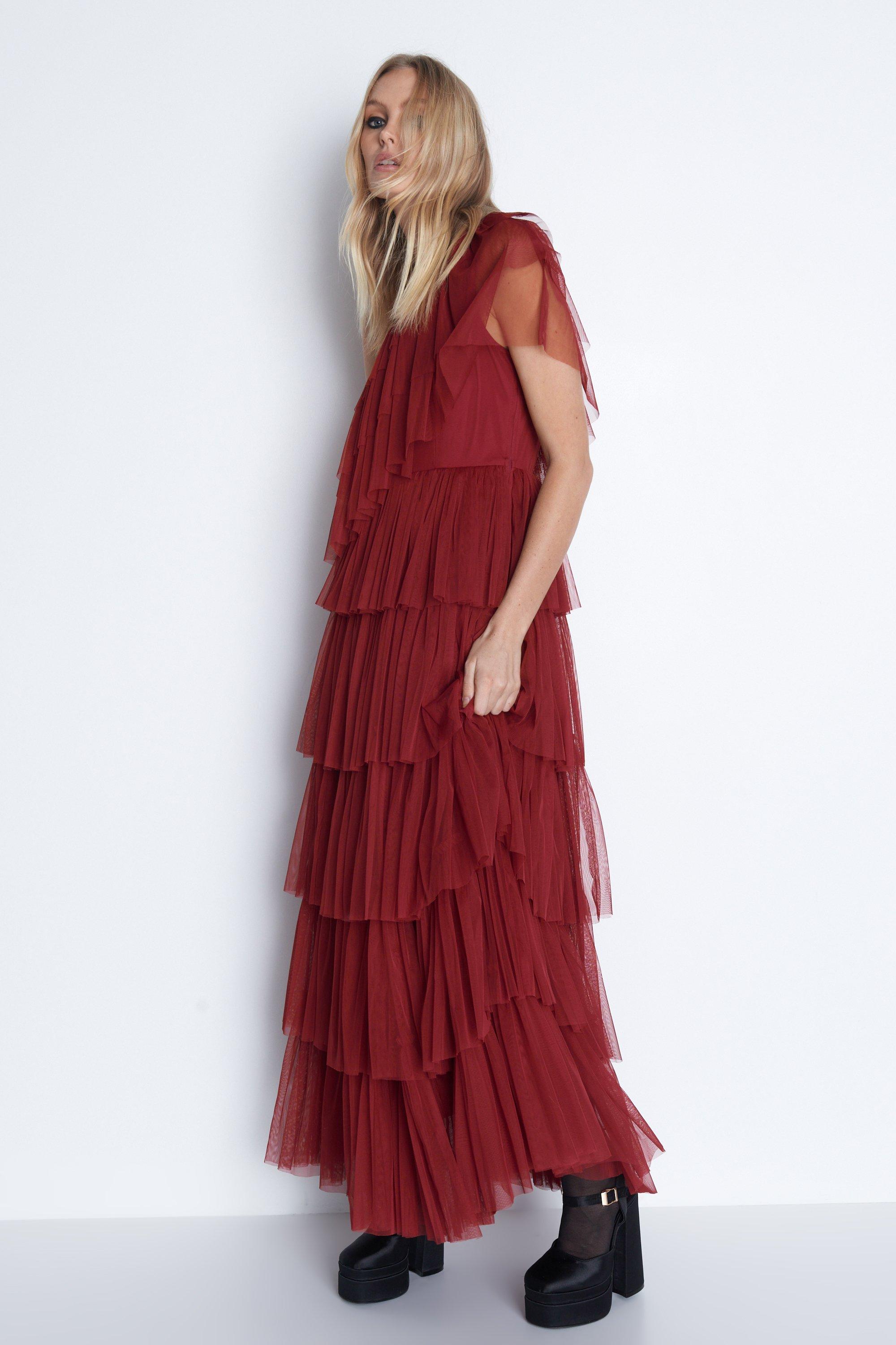 Womens Tulle Asymmetric Ruffle Maxi Dress - red