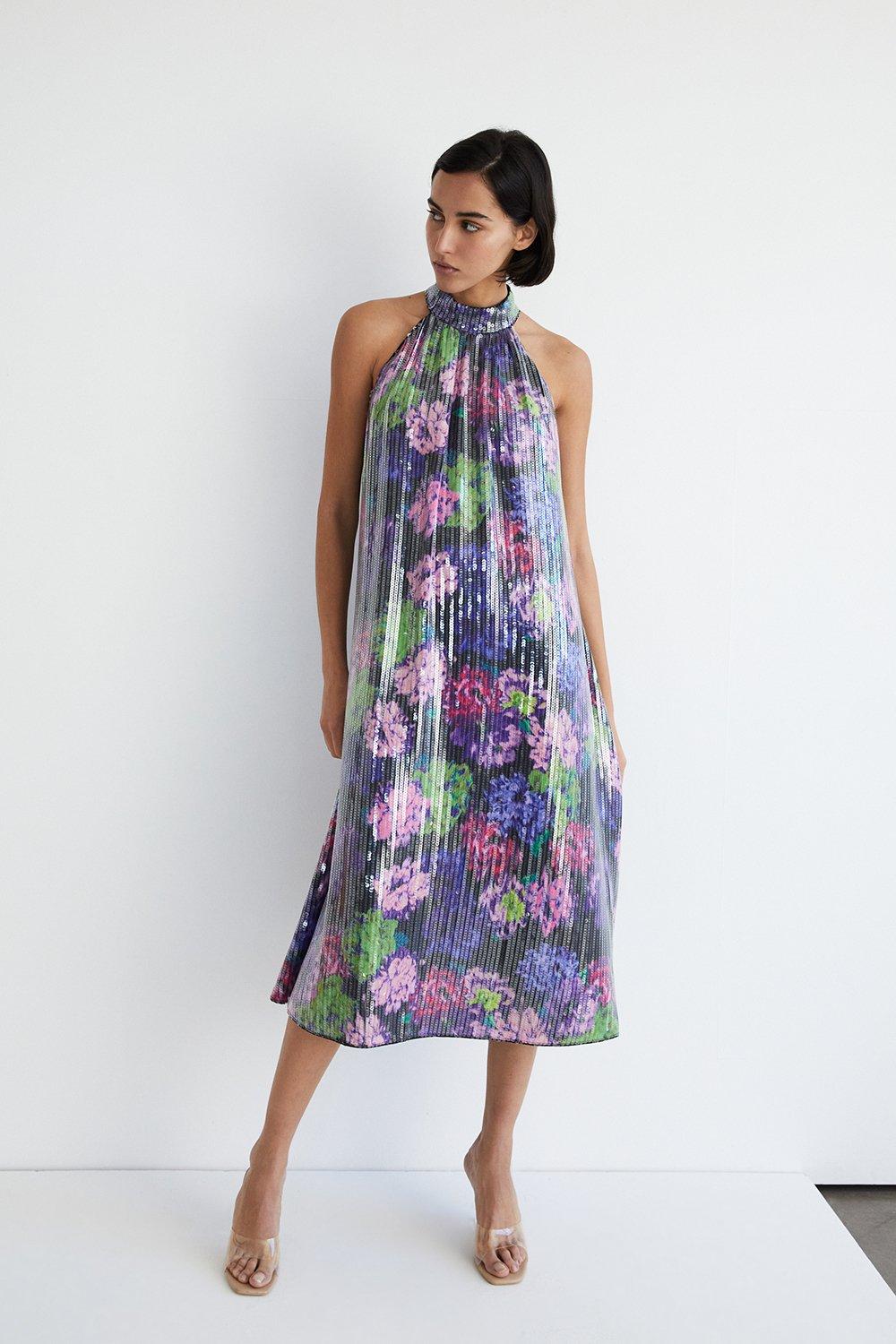 Womens Printed Sequin Halterneck Midi Dress - multi