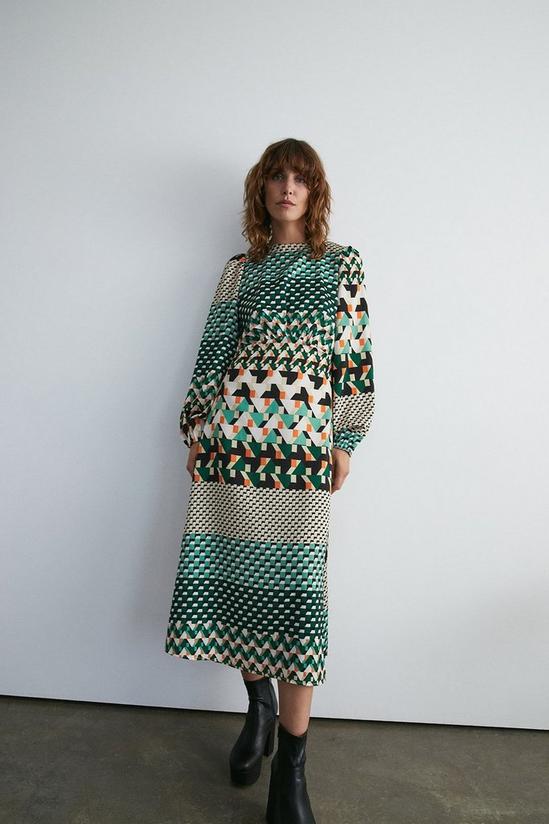 Warehouse Geo Print Long Sleeve Tea Midi Dress 1