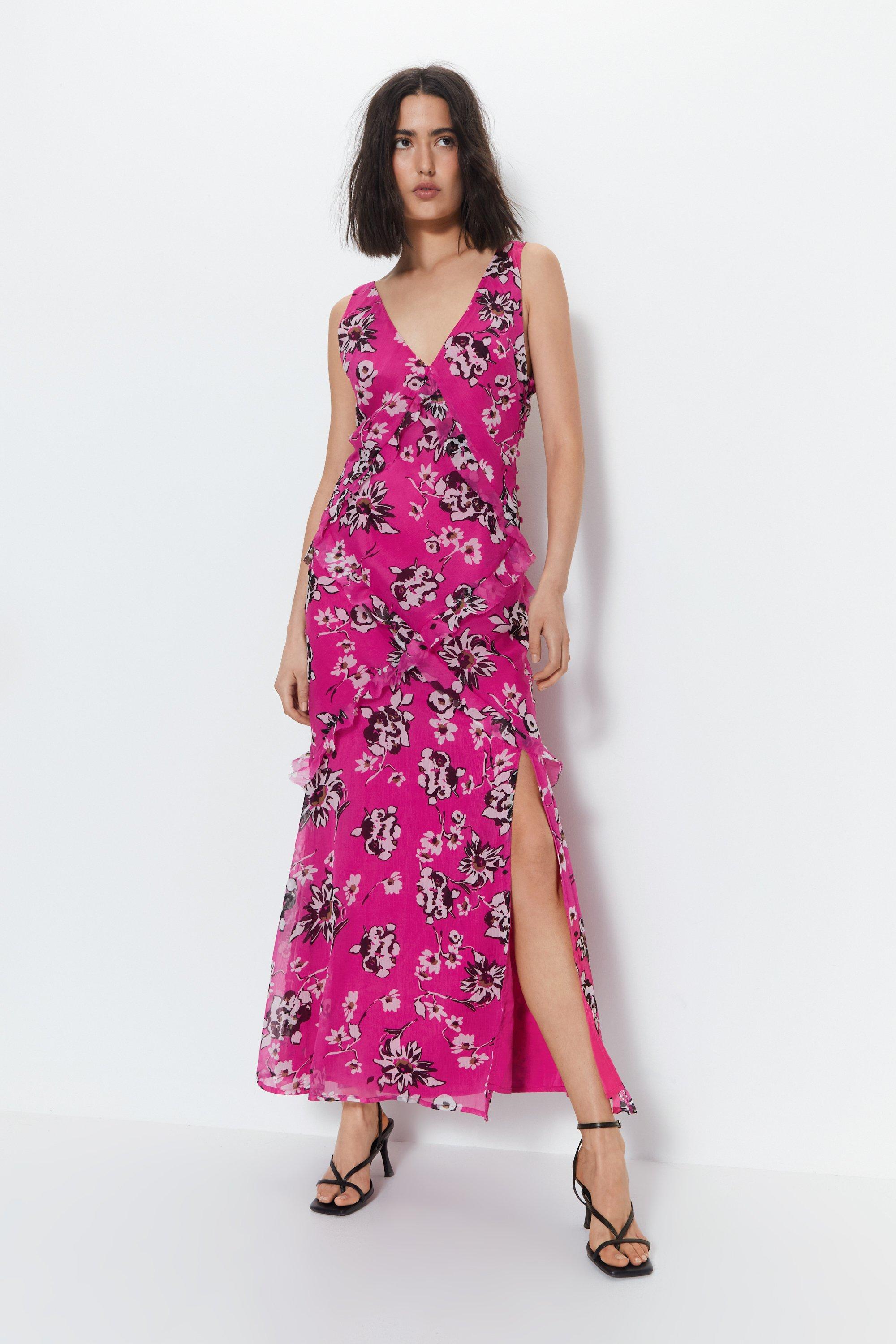 Womens Premium Ruffle Detail Floral Maxi Dress - pink
