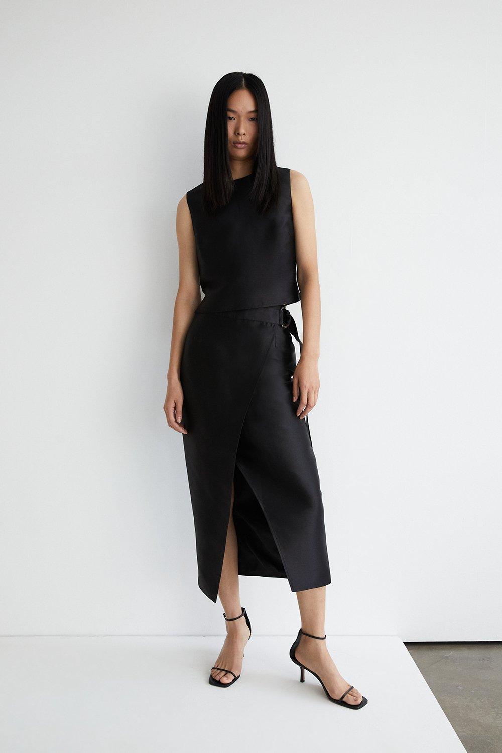 Womens Satin Twill Utility Detail Maxi Skirt - black