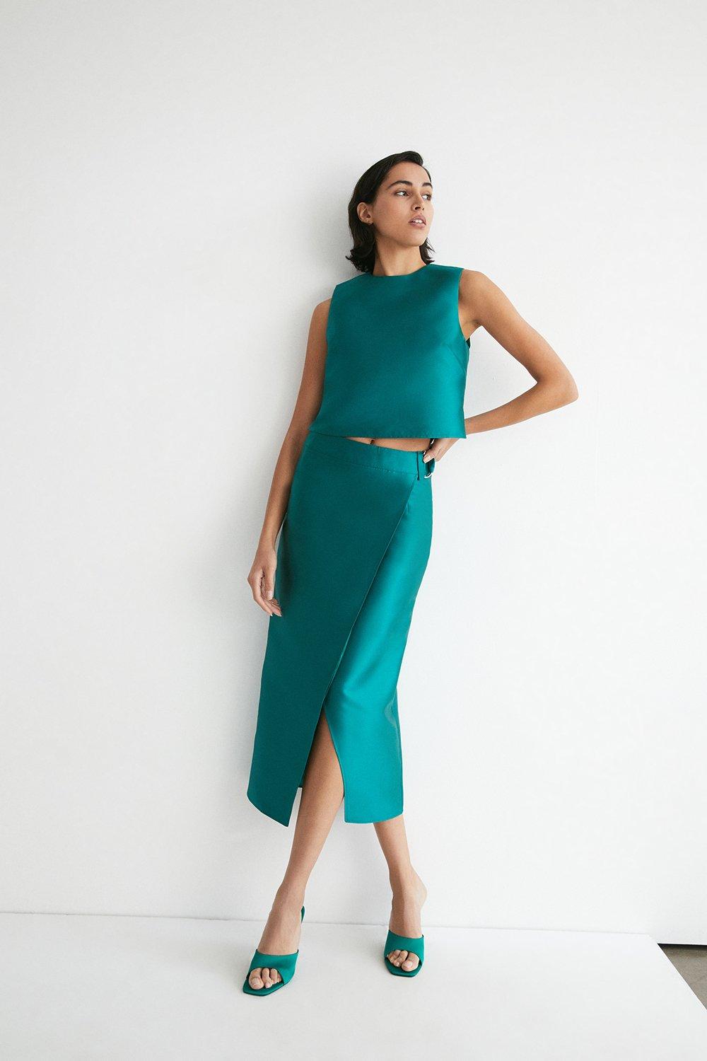 Womens Satin Twill Utility Detail Maxi Skirt - green