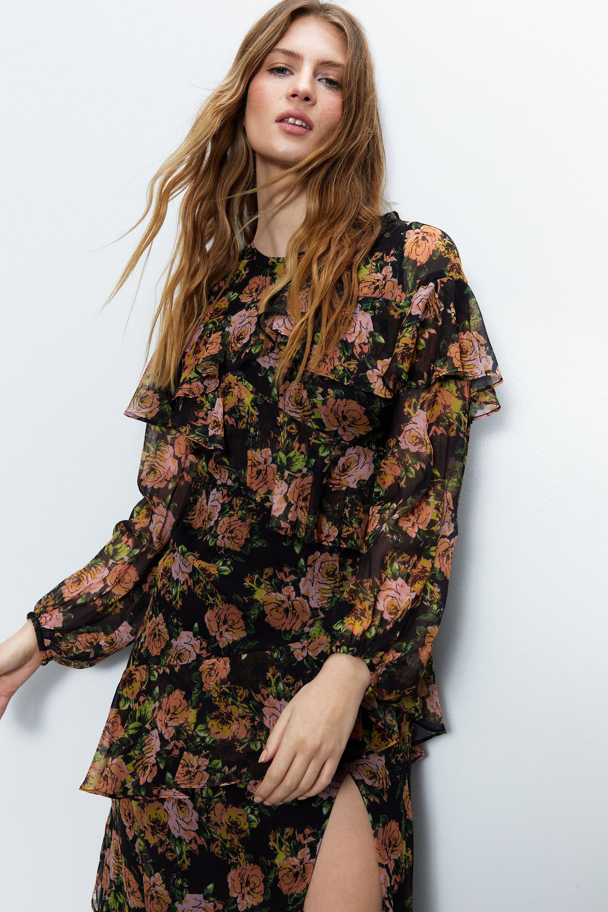 Long sleeve outlet floral ruffle dress