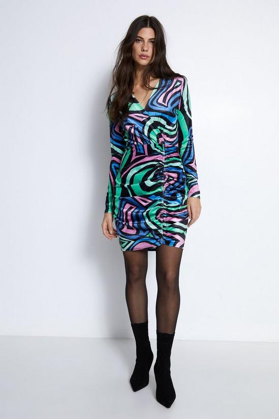 Warehouse Swirl Print Velvet Ruched Mini Dress 1