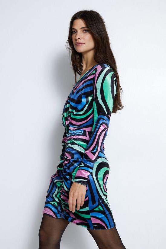Warehouse Swirl Print Velvet Ruched Mini Dress 3