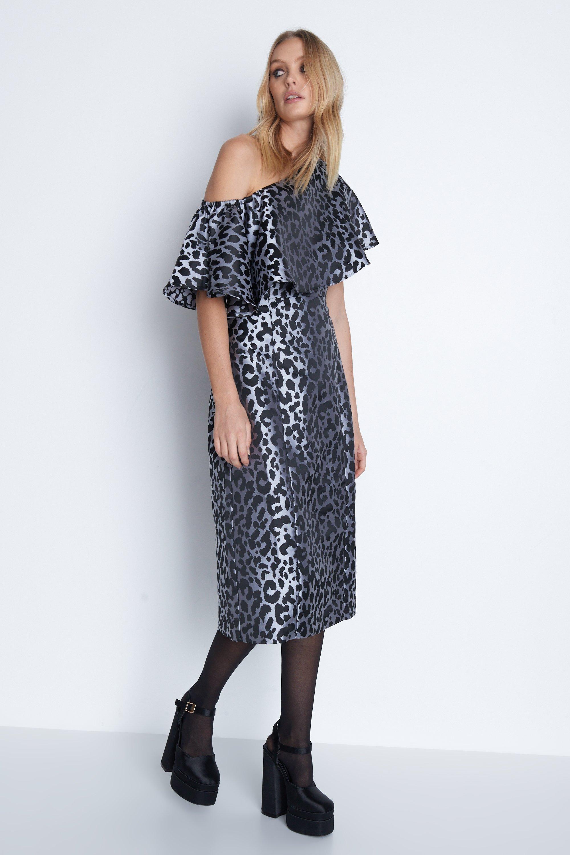 Womens Leopard Print One Shoulder Midi Dress - multi