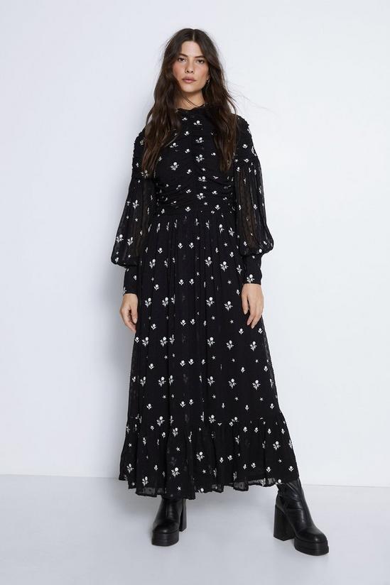 Warehouse Petite Embroidered Dobby Ruched Maxi Dress 1