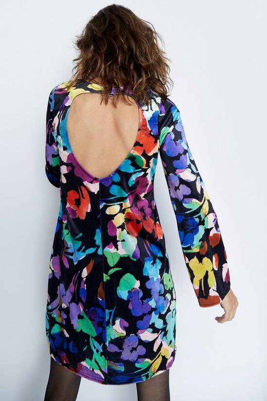 Warehouse Floral Print Velvet Shift Flare Sleeve Mini Dress 3