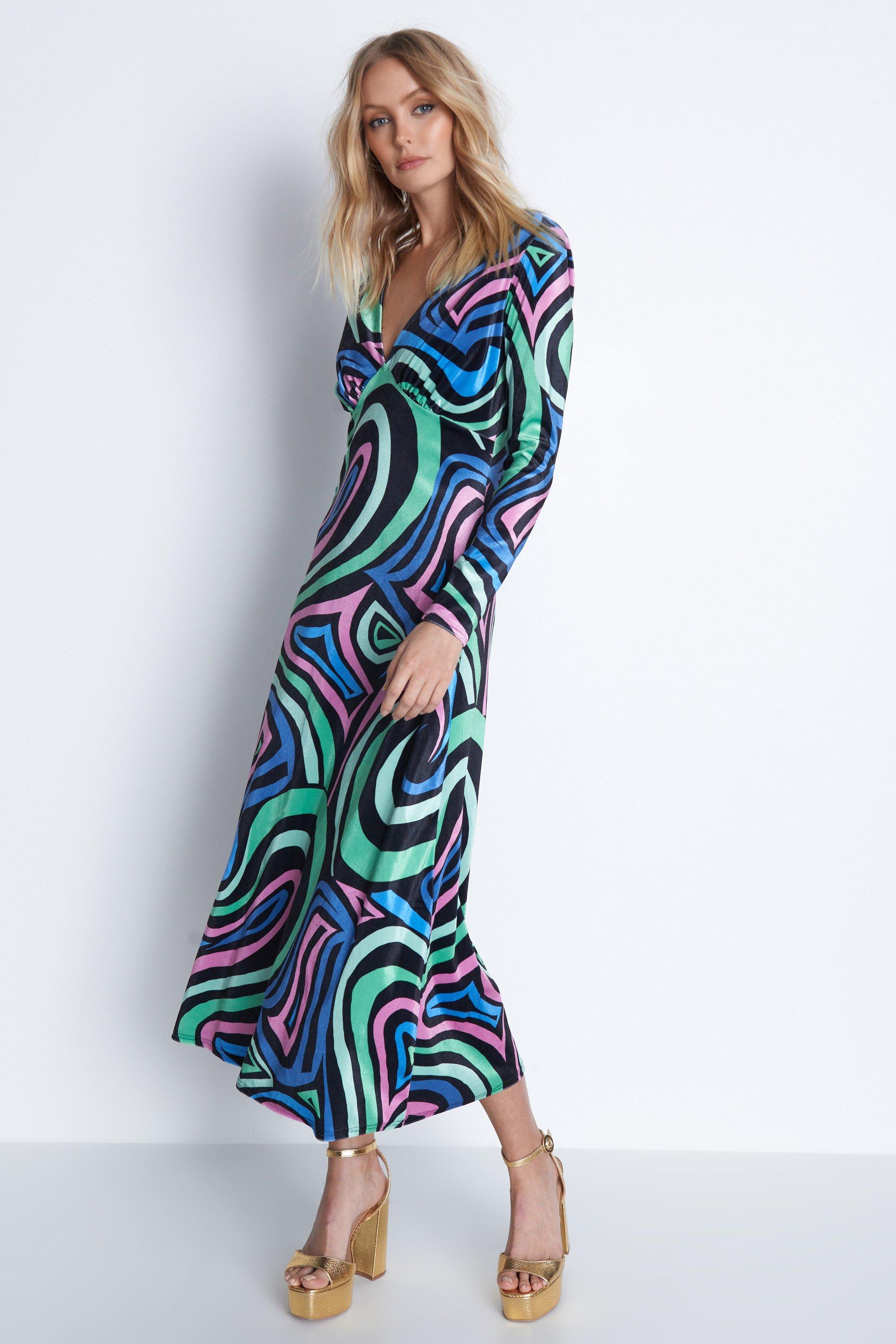 Womens Swirl Print Velvet Plunge Neck Midi Dress - multi