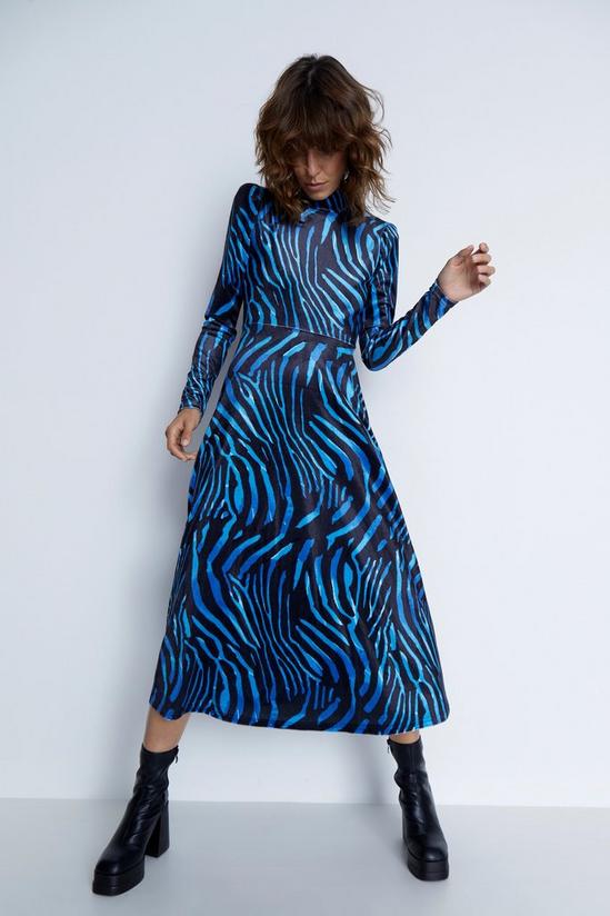 Warehouse Zebra Print Velvet Funnel Neck Midi Dress 5