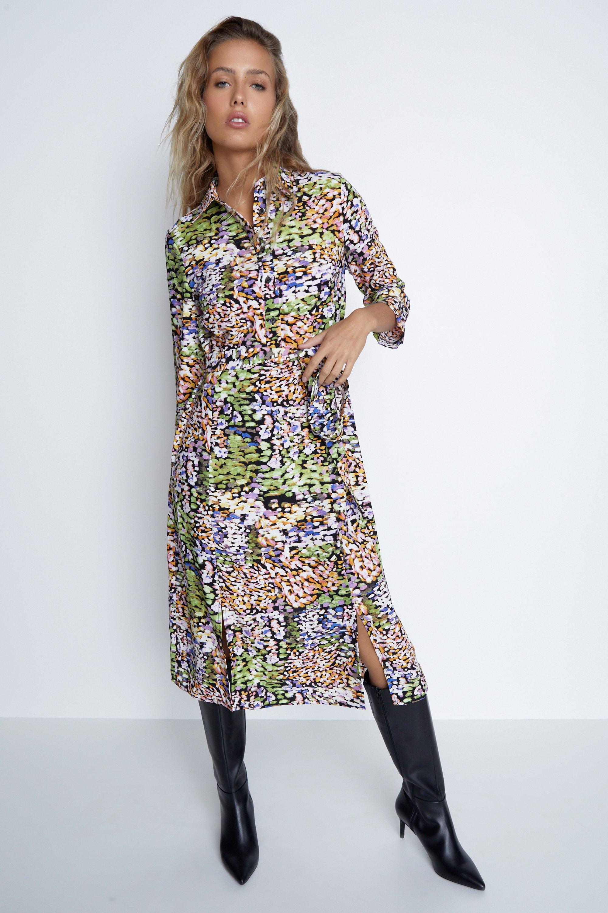 Womens Abstract Smudge Roll Sleeve Shirt Dress - multi