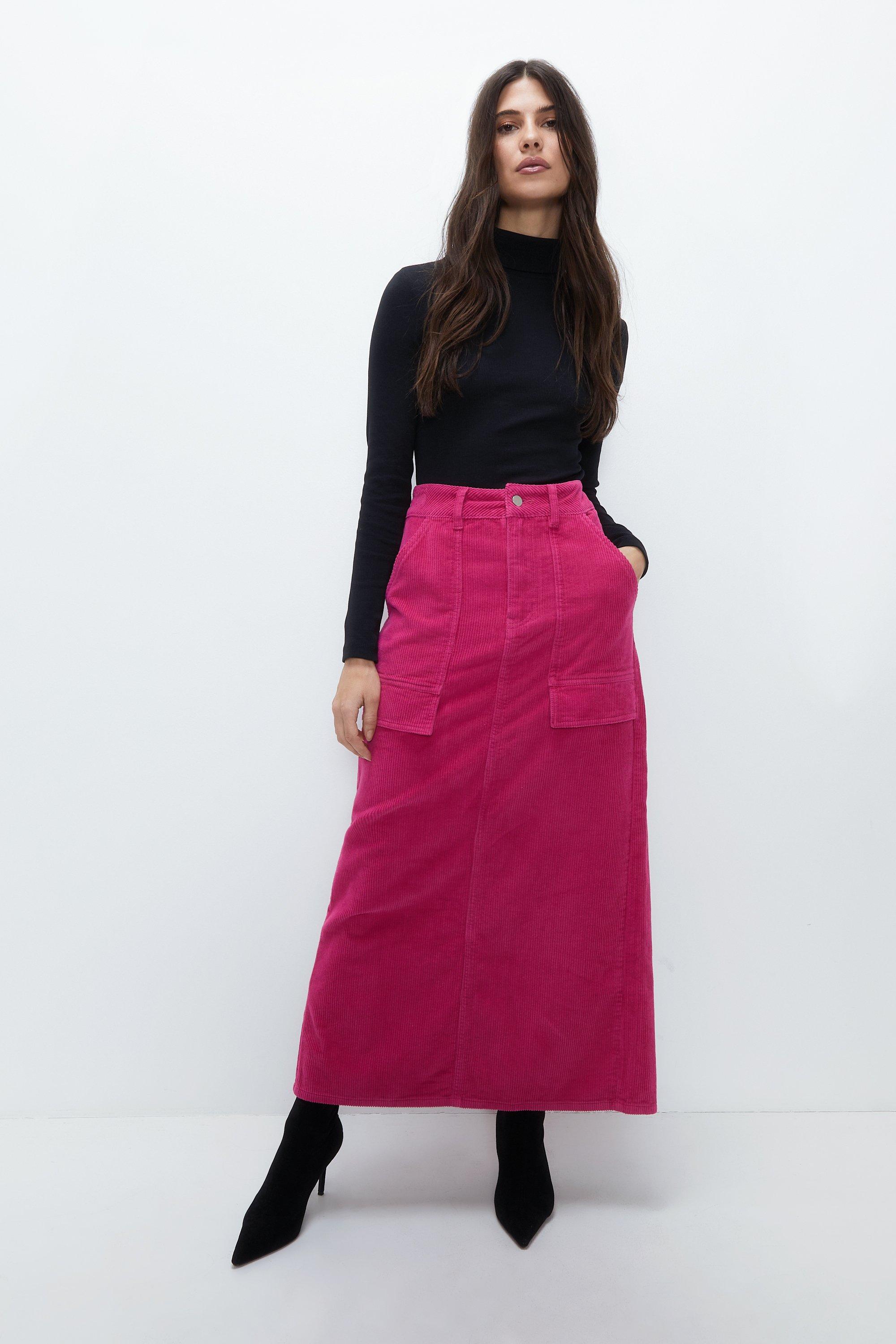 Womens Cord Pocket Detail Midi Skirt - pink