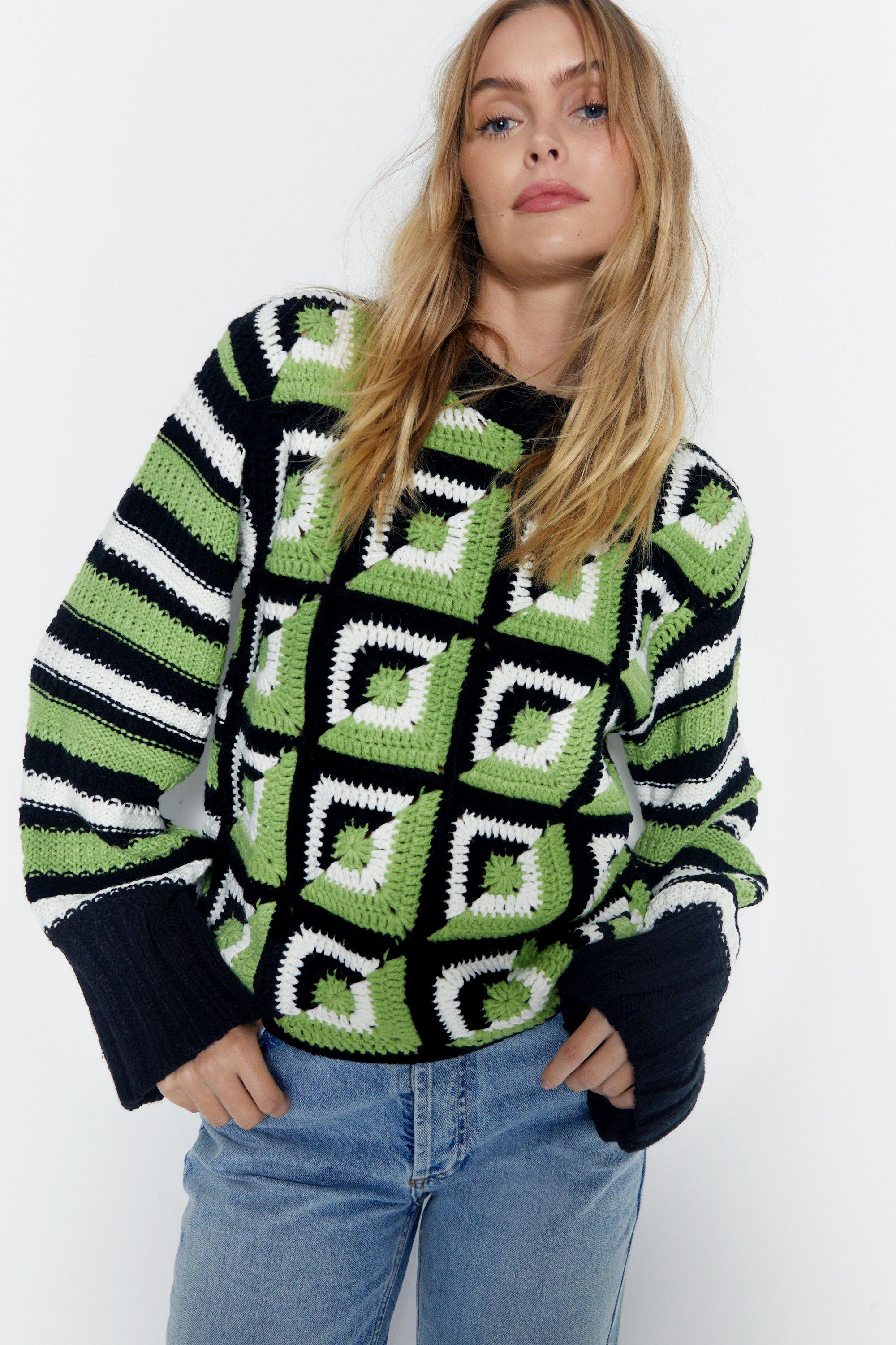 Womens Stripe Crochet Jumper - green