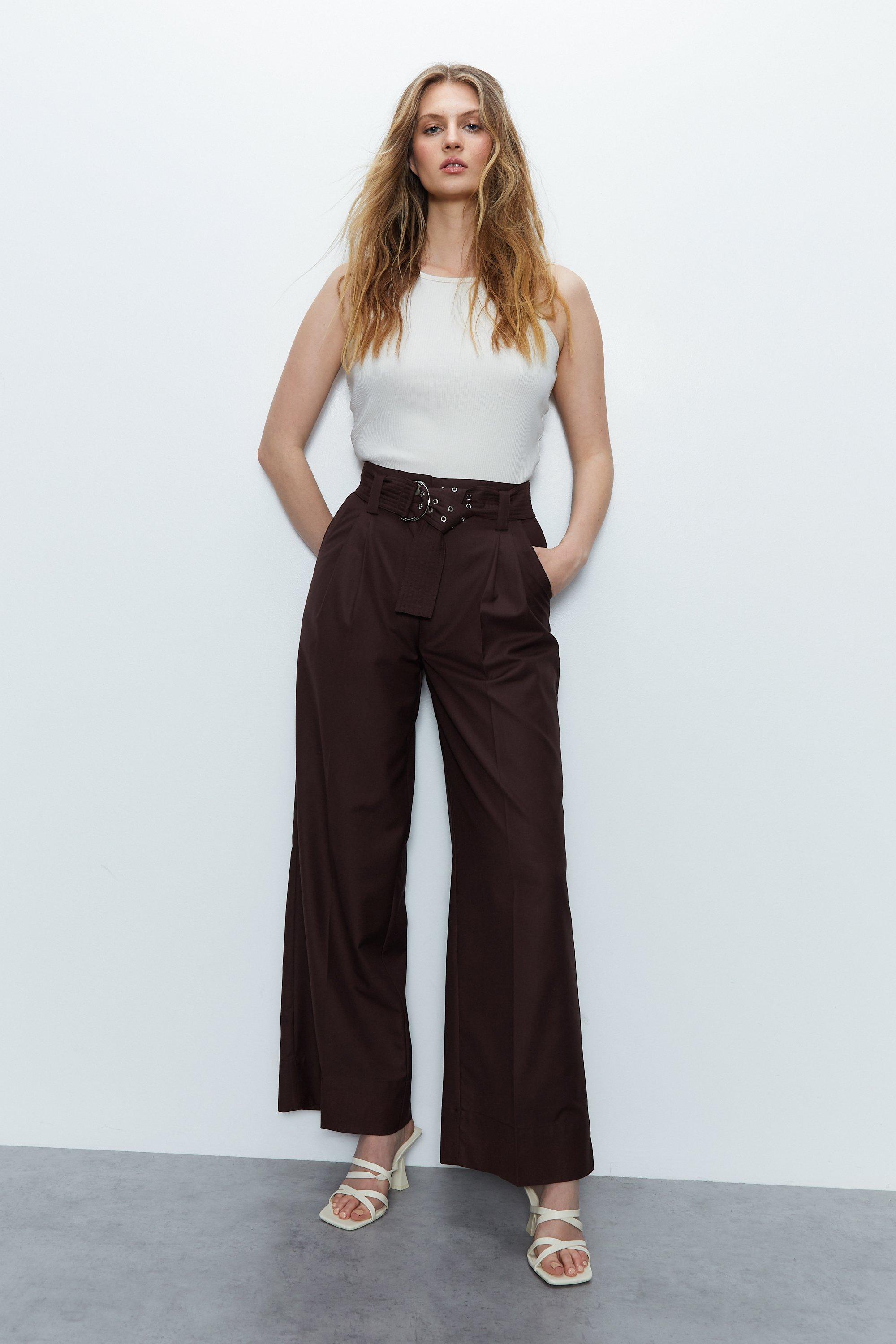 Womens Belt Detail Tailored Trouser - brown