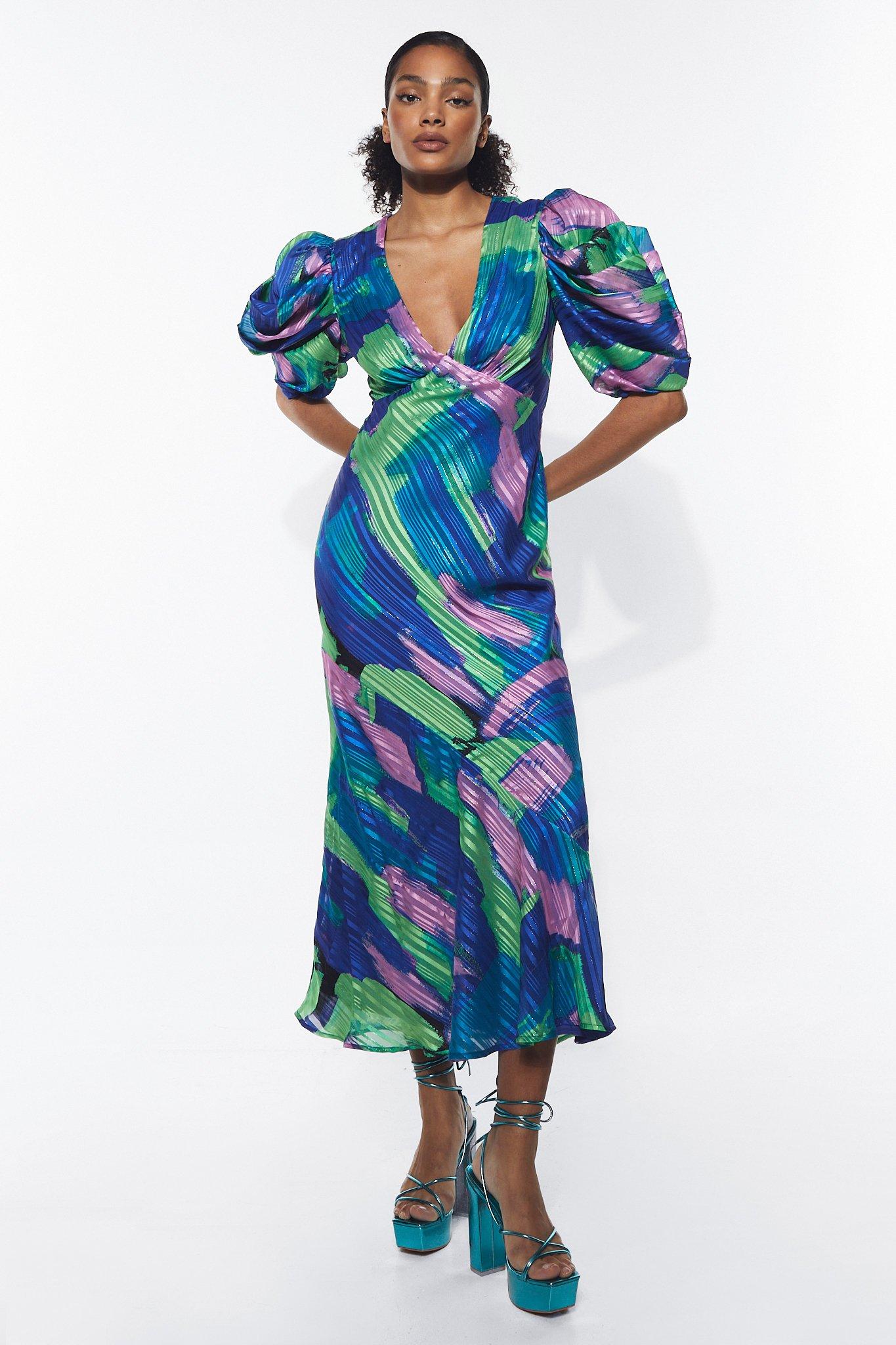 Womens Abstract Print Jacquard Puff Sleeve Maxi Dress - multi