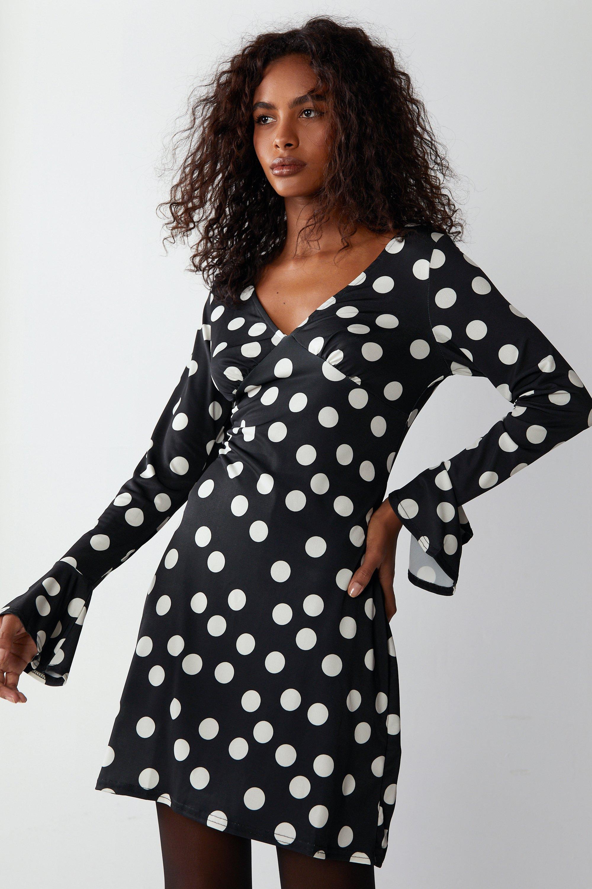 Womens Polka Dot Funnel Sleeve Mini Dress - black