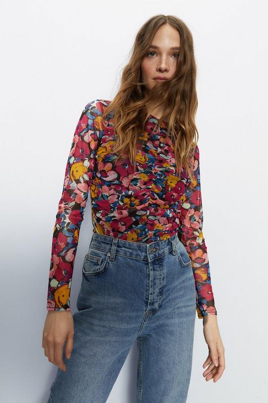 Warehouse Floral Print Long Sleeve Ruched Top 1