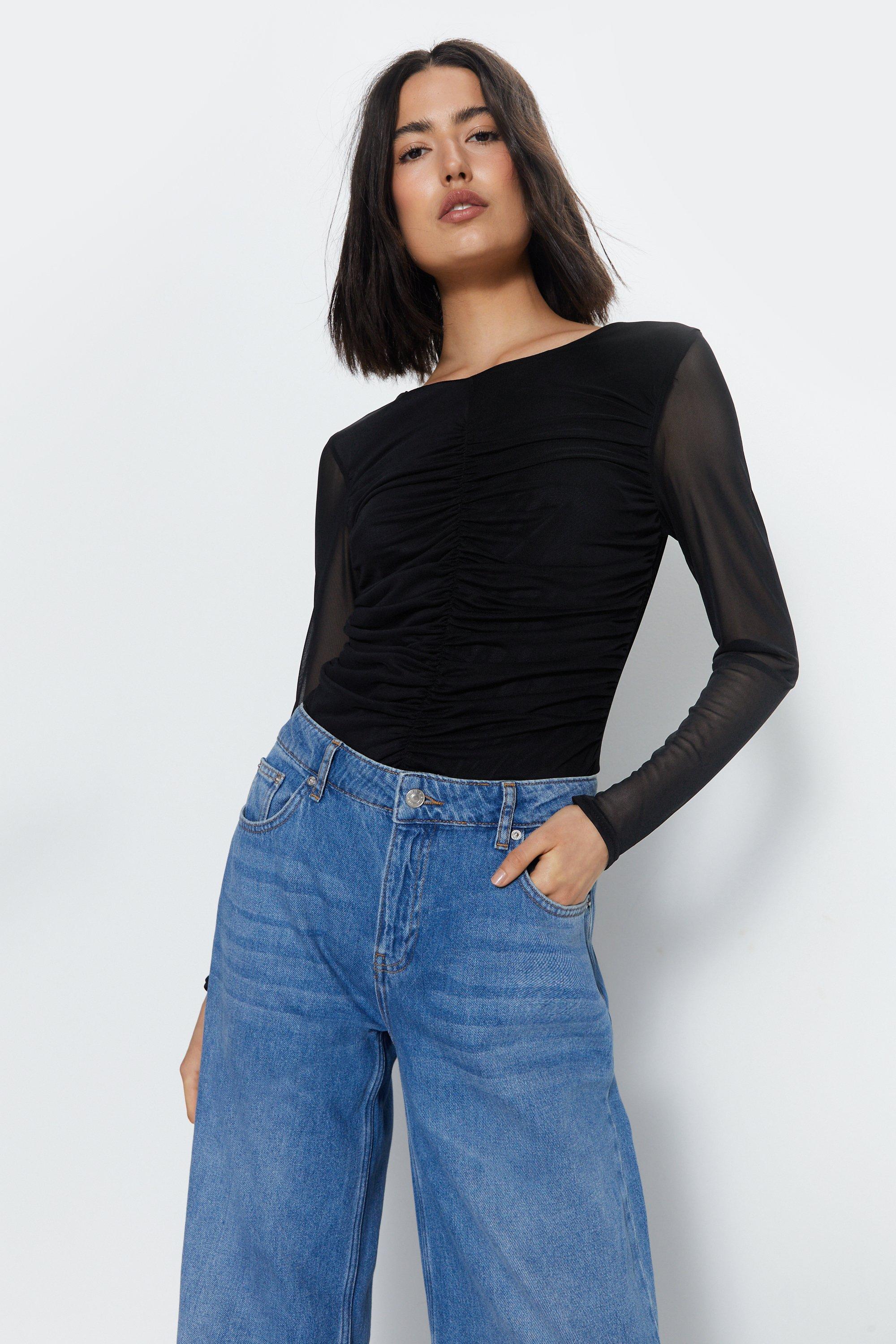 Womens Long Sleeve Ruched Top - black